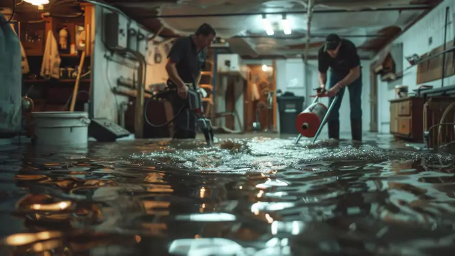 Crew working in a flooded basement
