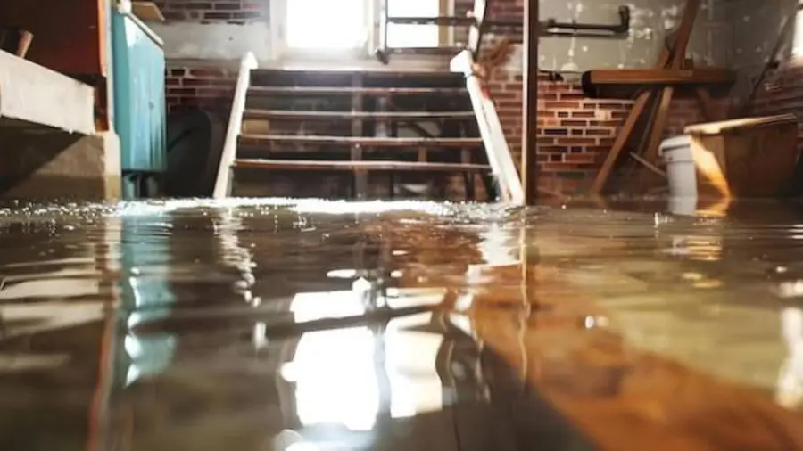 Flooded basement stairs with water at the bottom step