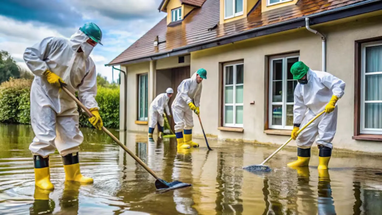 Crew in protective suits and rubber boots cleaning outside a flooded house