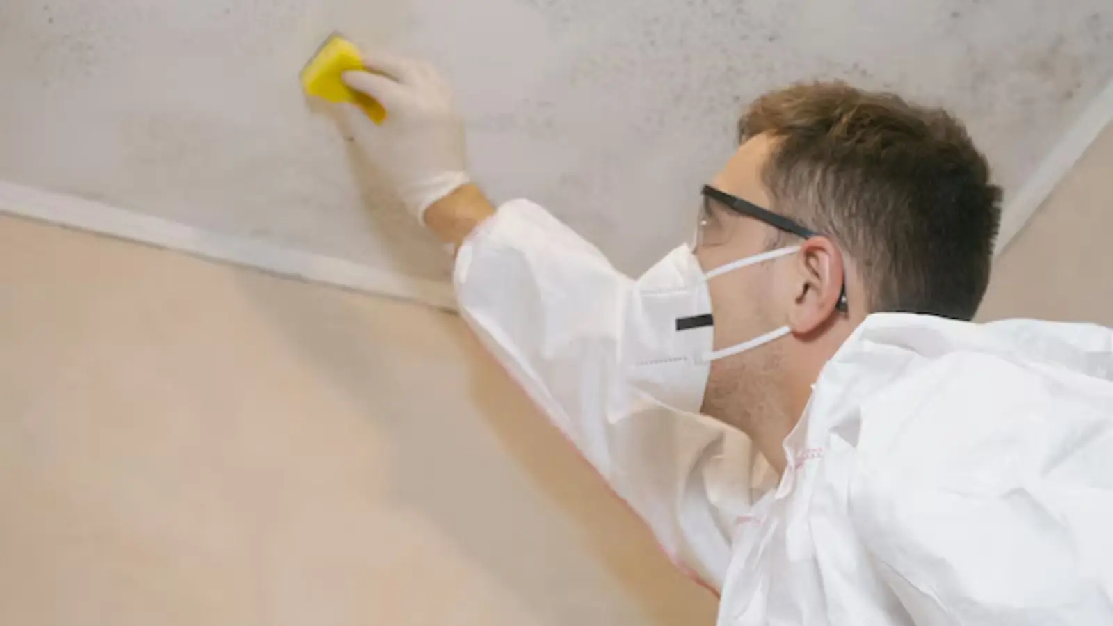 Person in a mask wiping mold from a ceiling