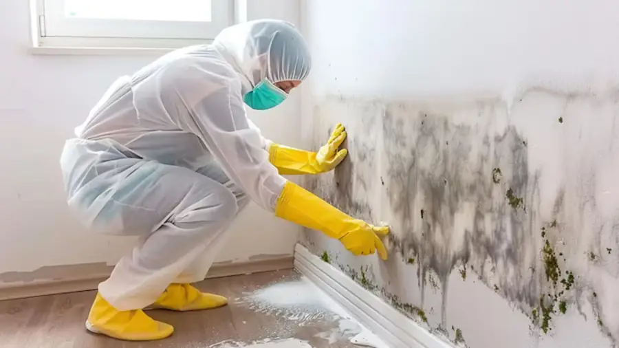 Technician in a protective suit scrubbing a mold-covered wall