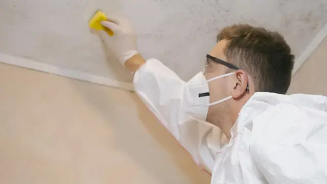 Person in a mask wiping mold from a ceiling