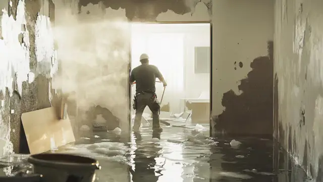 Person wading through water in a flooded home