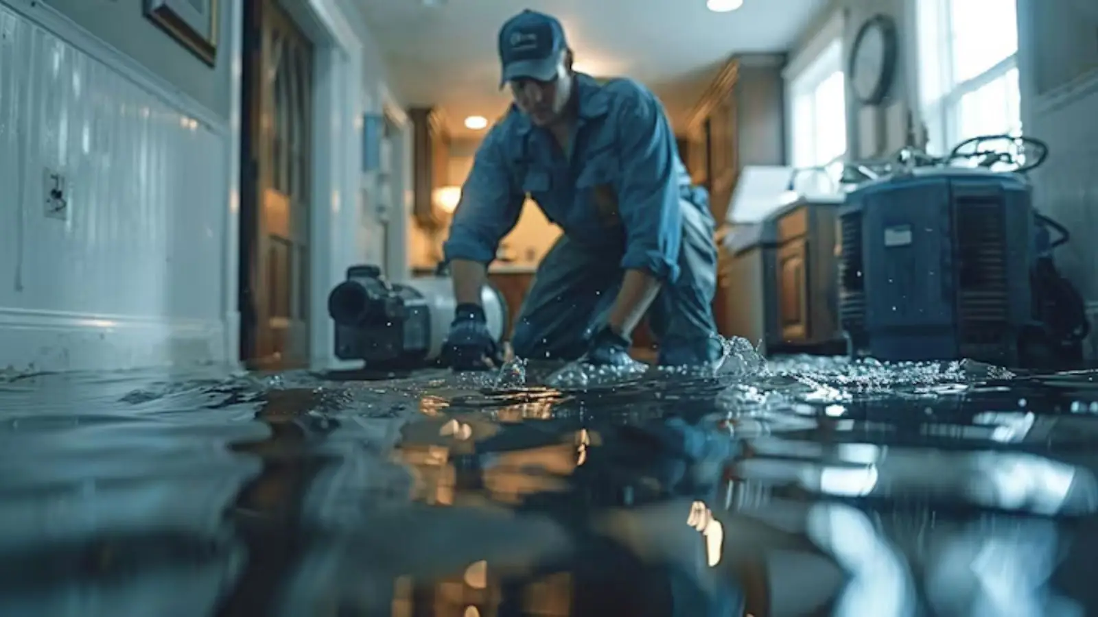 Technician cleaning up a flooded room with extraction equipment