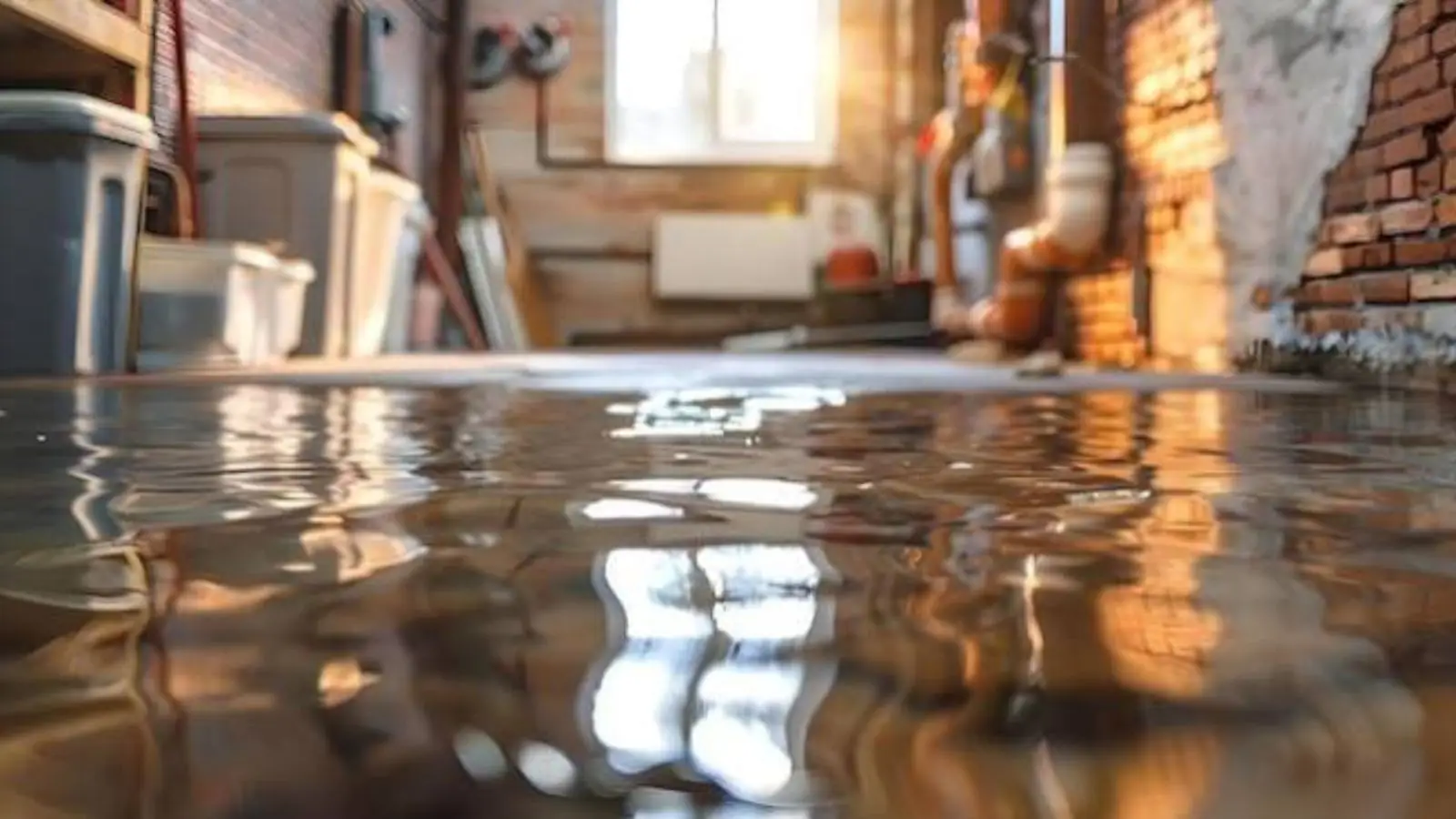 Flooded basement with shelving and a brick wall above the waterline