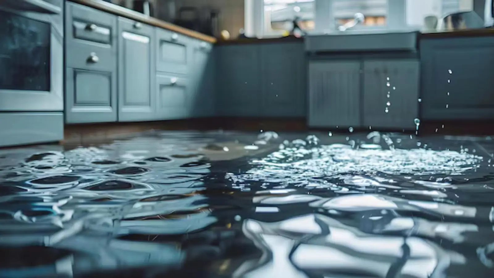 Kitchen floor covered with shallow water and ripples
