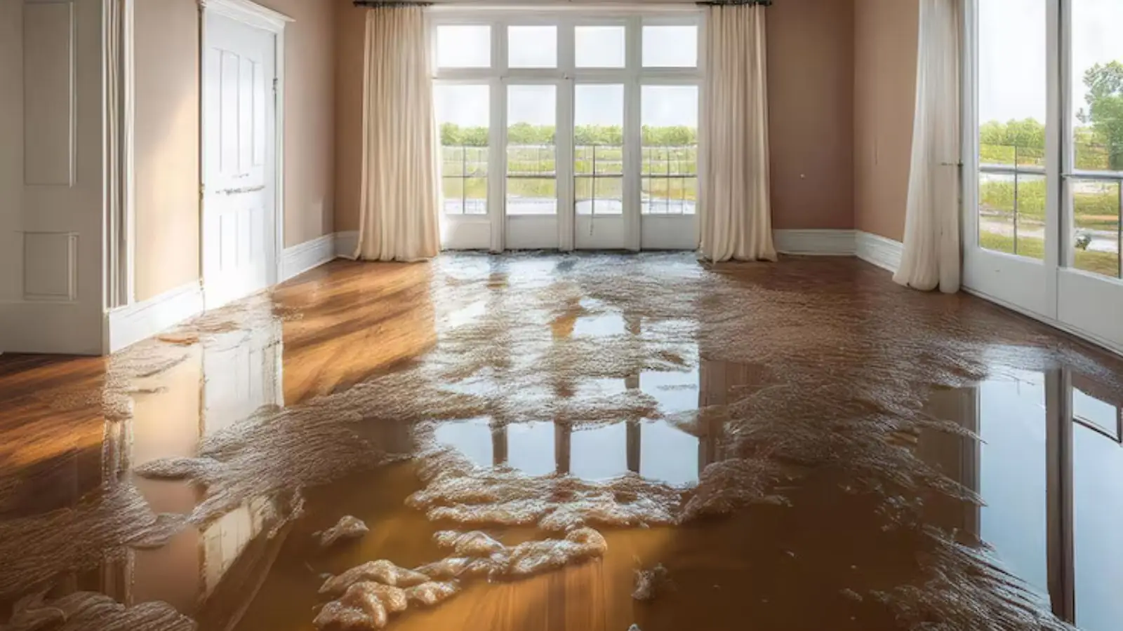 Water-damaged living room with wet hardwood floor and light from tall windows