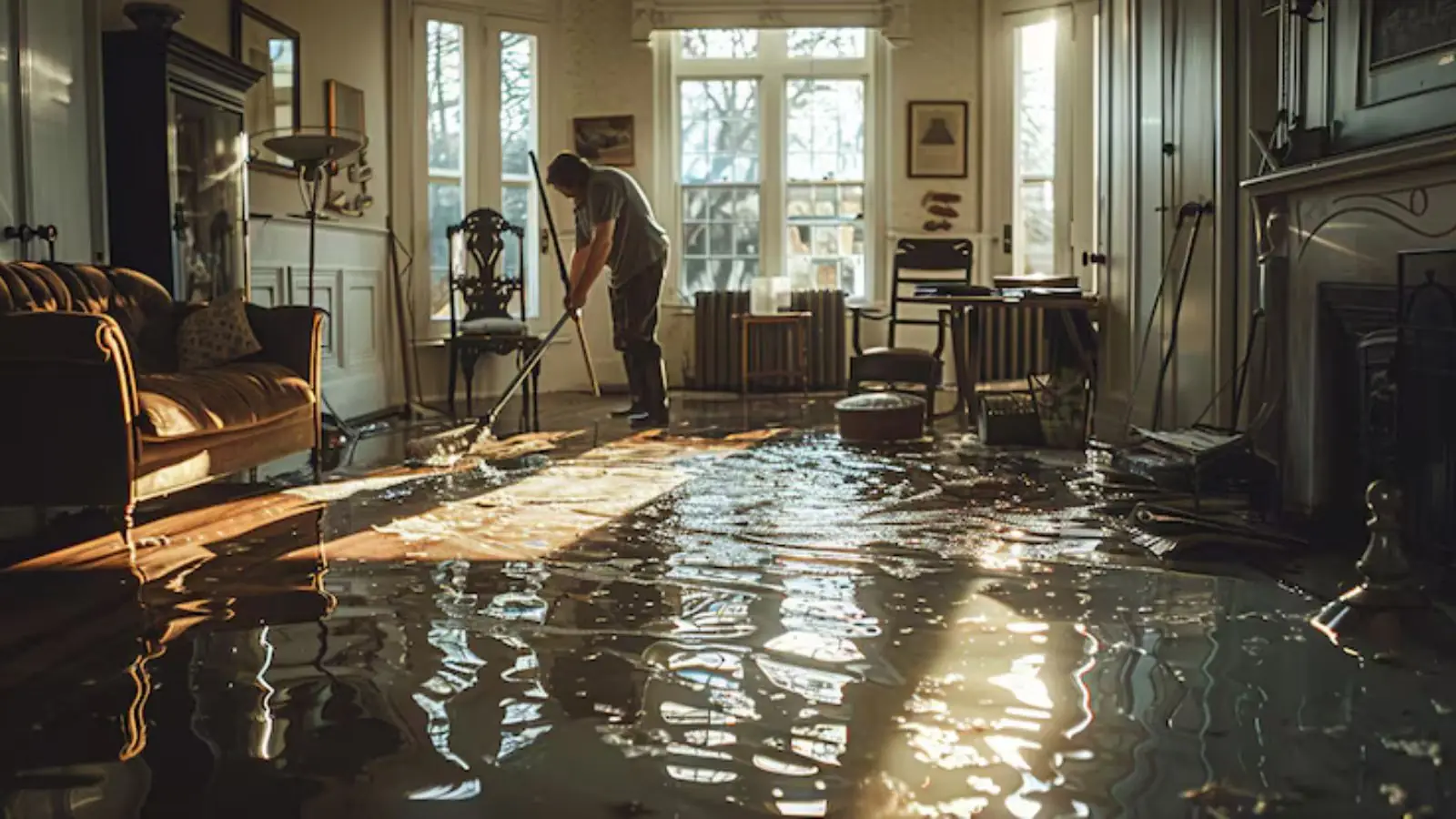 Person cleaning a flooded living room in afternoon light