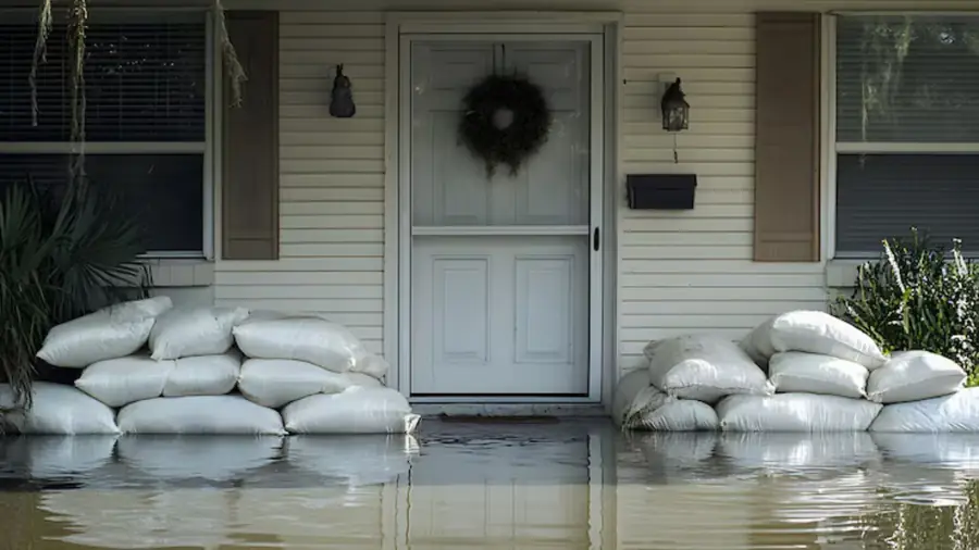 Sandbags stacked at a front door during flooding