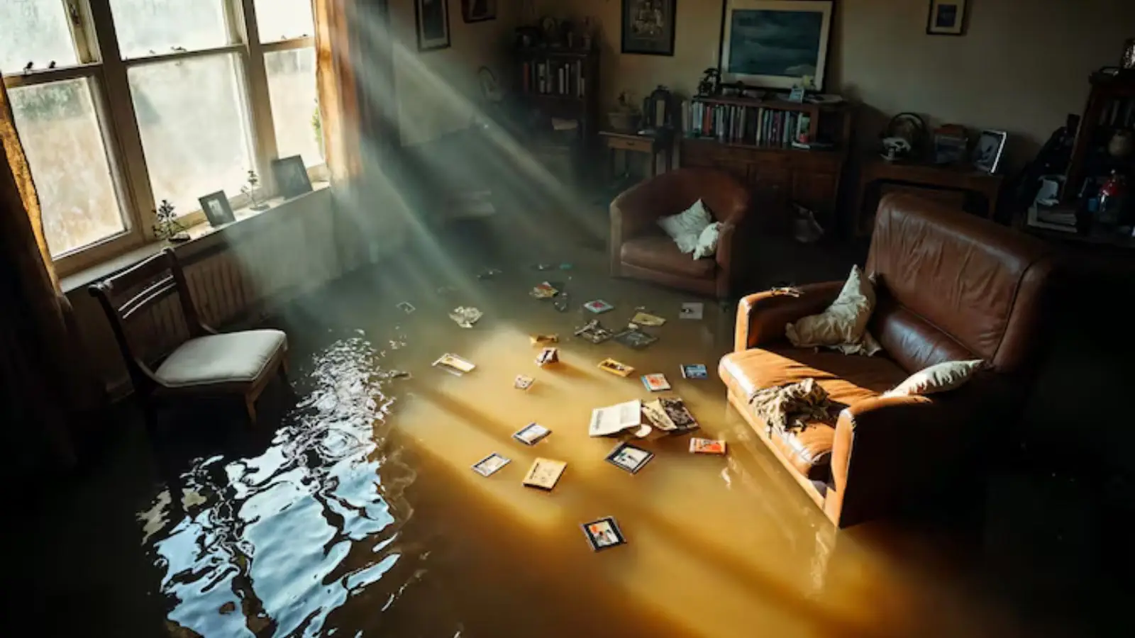 Flooded living room with furniture sitting in standing water